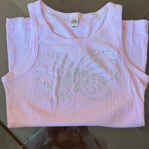 RETRO RAG VTG Y2K Pink Ribbed Tank Top Embellished Rhinestone Butterfly Medium